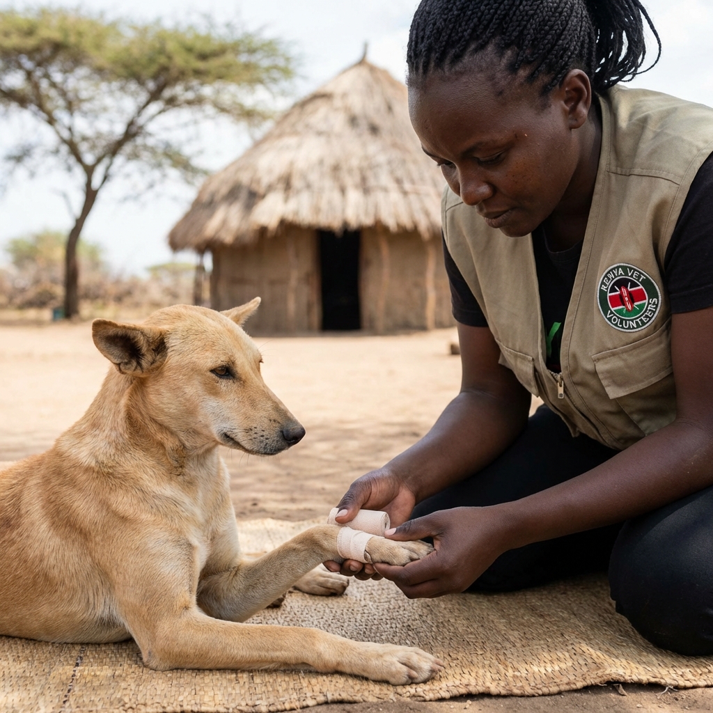 Volunteer providing first aid to a village dog in Nyakach